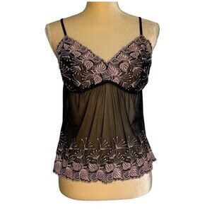 Cacique cami lingerie black lace sheer embroidered stretch 14/16 Vintage